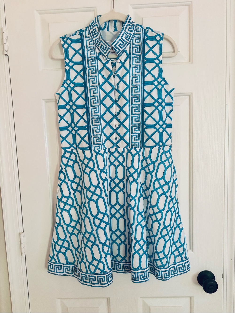 NWT Sue Sartor Sleeveless Teal and White Patterned Dress - 100% Cotton
